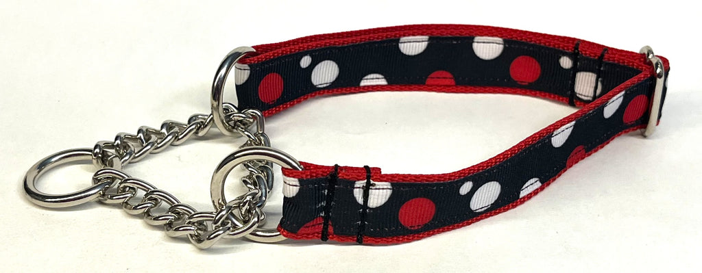 Black with White and Red Bubble Dots Chain Martingale Collar 3/4