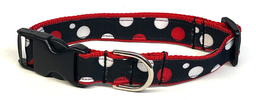 Black with White and Red Bubble Dots Dog Collar 3/4