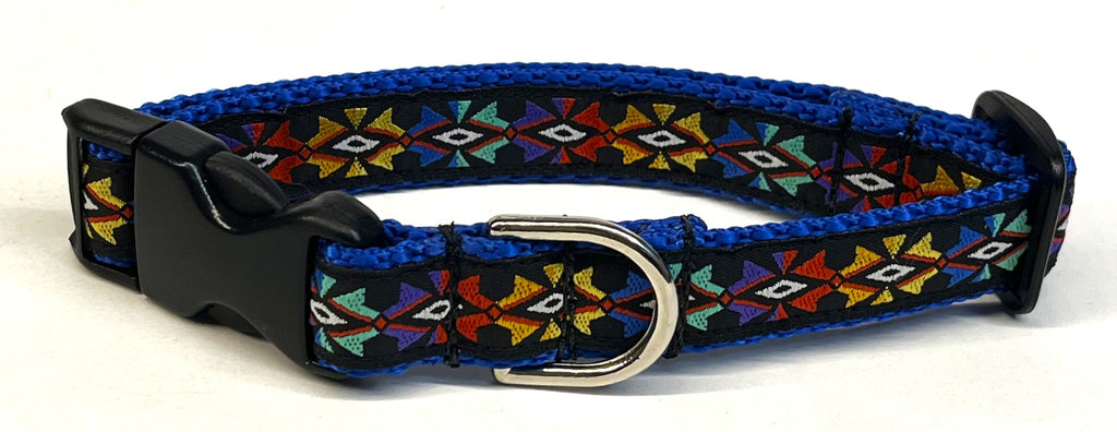 Black with Yellow, Blue, Green, Purple & Red Geometric Design Dog Collar 3/4