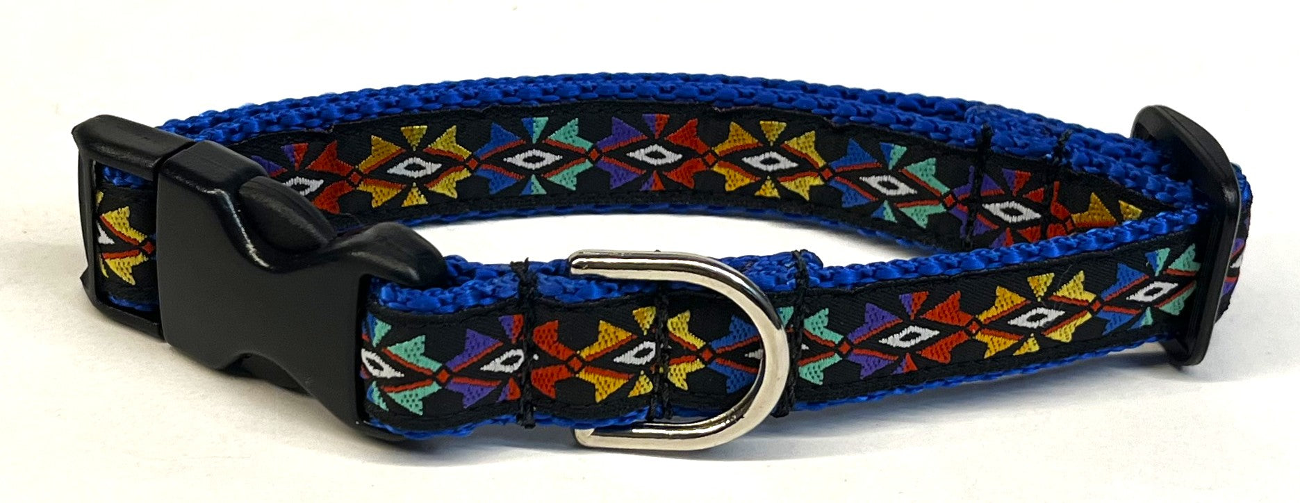 Black with Yellow, Blue, Green, Purple & Red Geometric Design Dog Collar 3/4