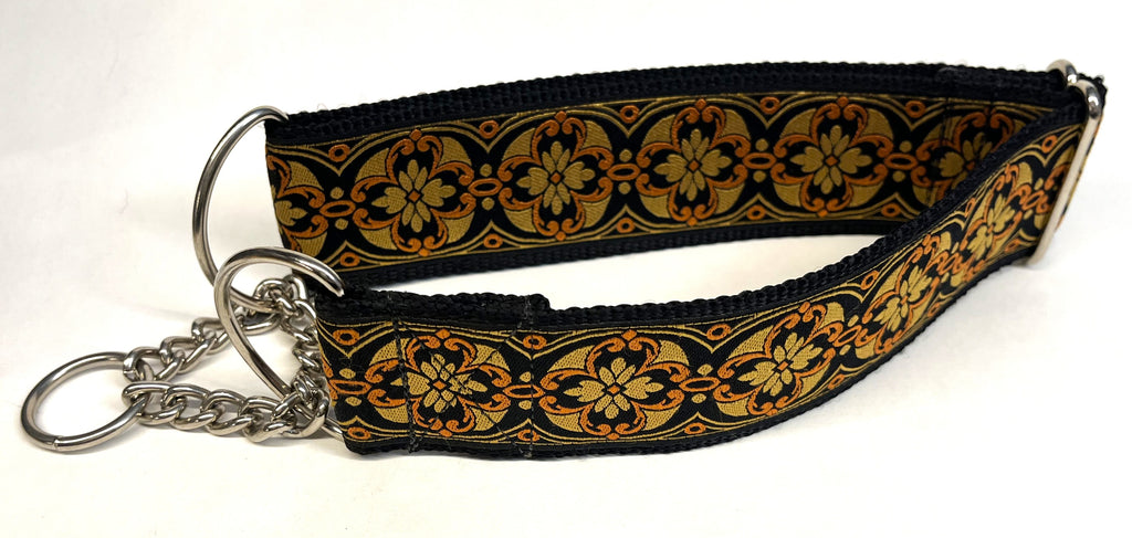 Black with Gold and Orange Floral Medallion Chain Martingale Collar 2in