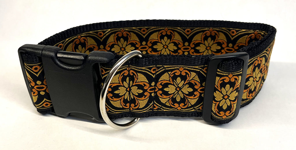 Black with Gold and Orange Floral Medallion Dog Collar 2in
