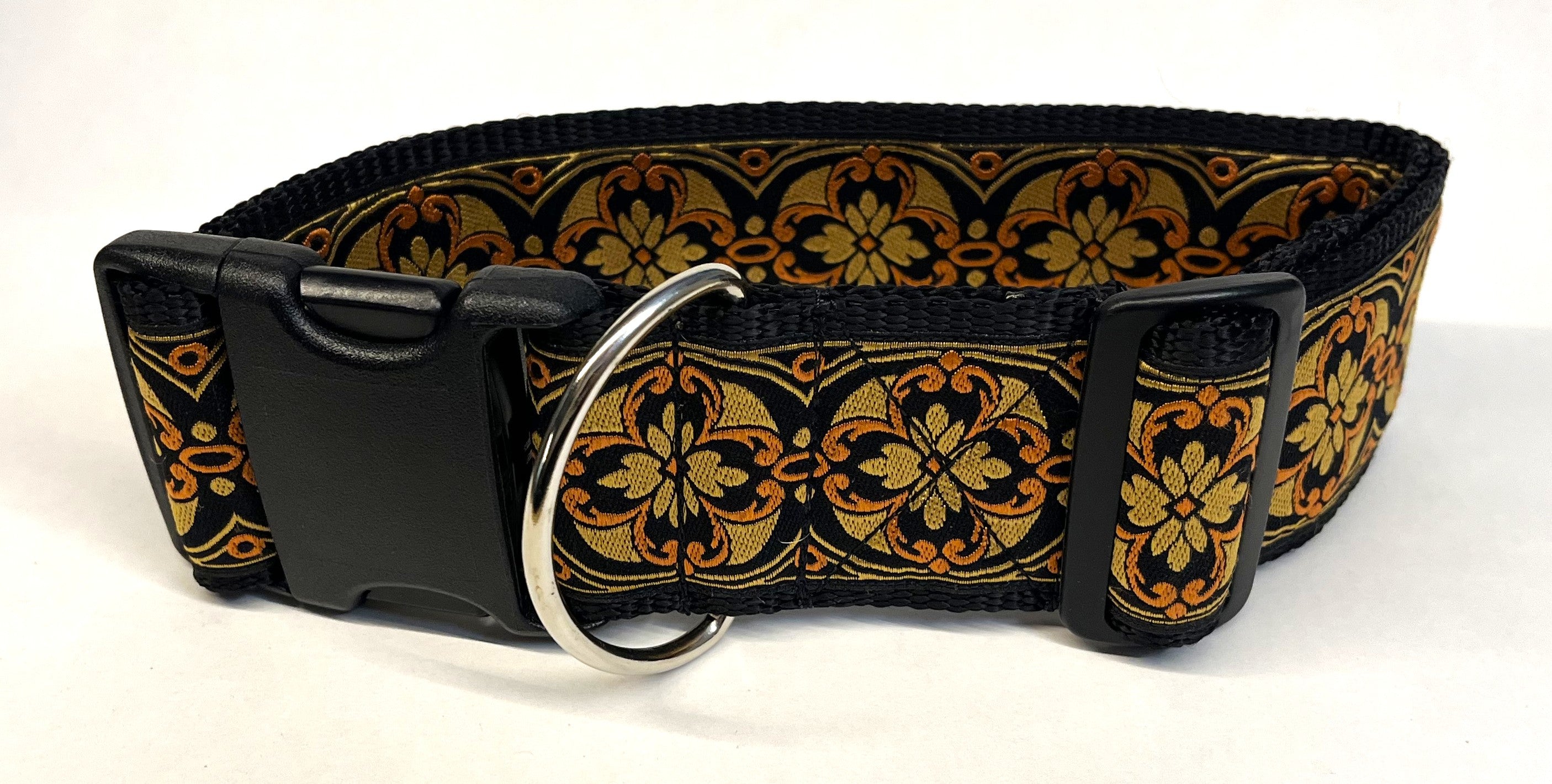 Black with Gold and Orange Floral Medallion Dog Collar 2in