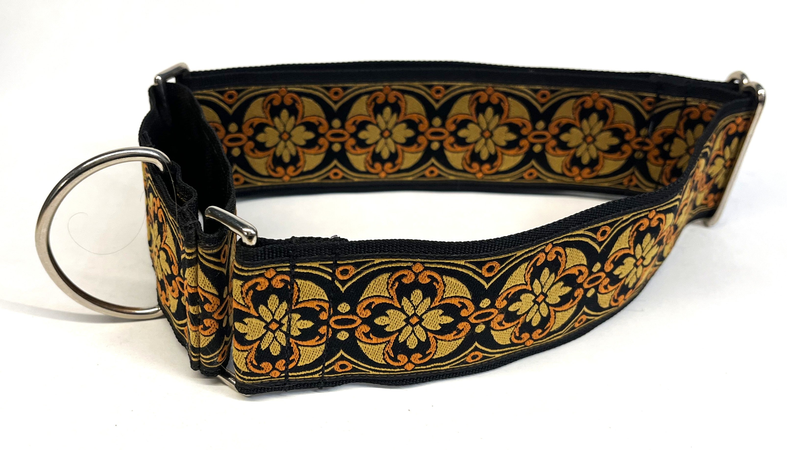 Black with Gold and Orange Floral Medallion Martingale Collar 2in