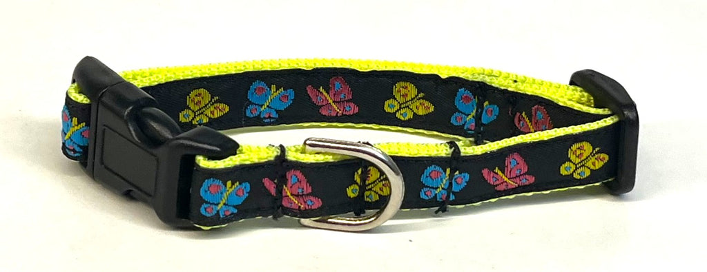 Black with Yellow, Pink & Blue Butterflies Dog Collar 1/2