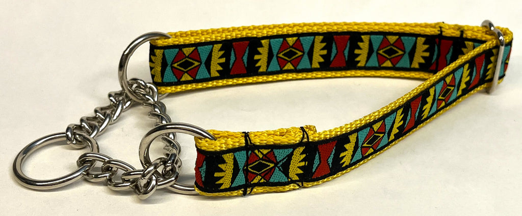 Black with Yellow, Red, Turquoise Geometric Design Chain Martingale Collar 1in