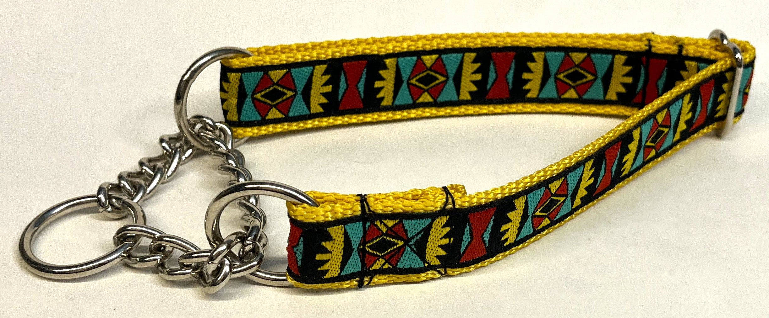 Black with Yellow, Red, Turquoise Geometric Design Chain Martingale Collar 1in