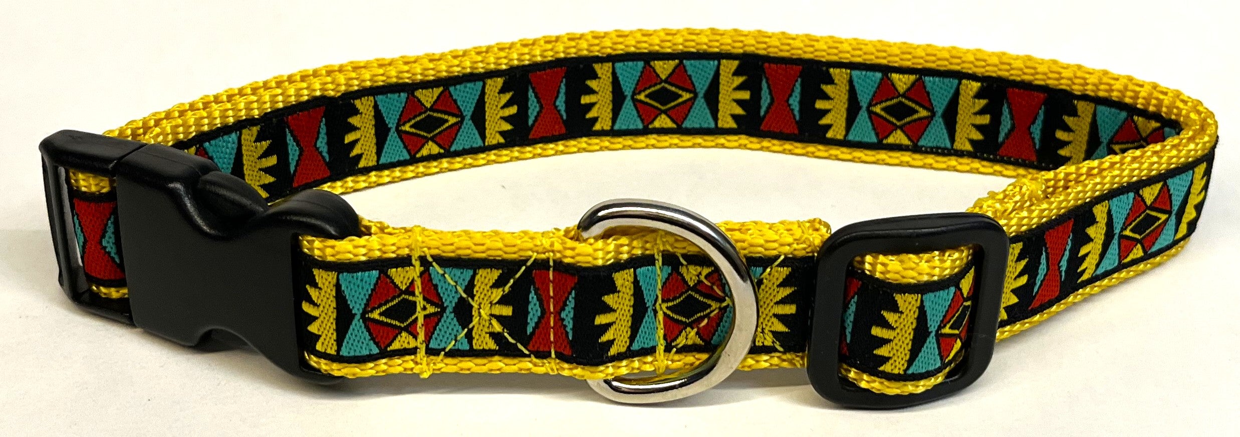 Black with Yellow, Red, Turquoise Geometric Design Dog Collar 1in