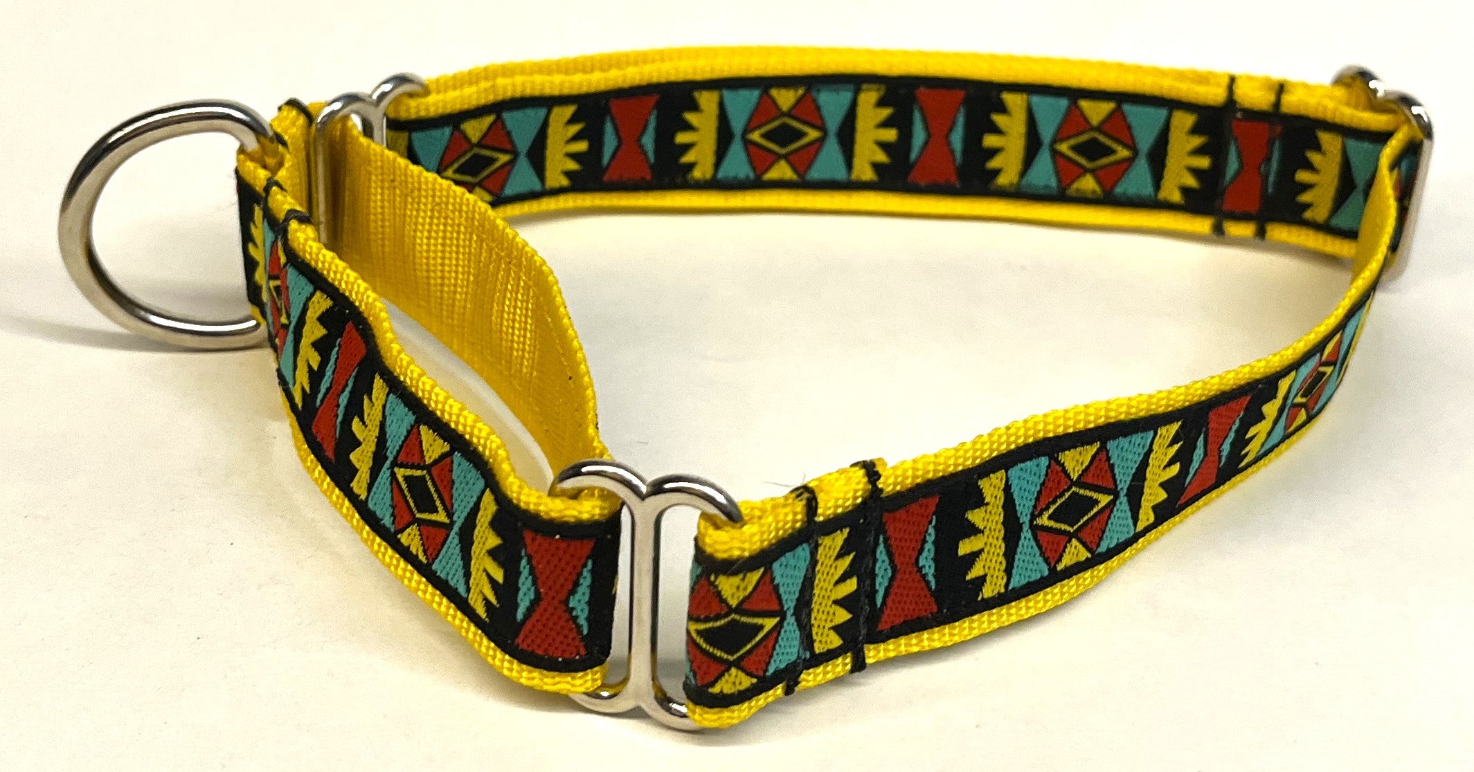 Black with Yellow, Red, Turquoise Geometric Design Martingale Collar 1in