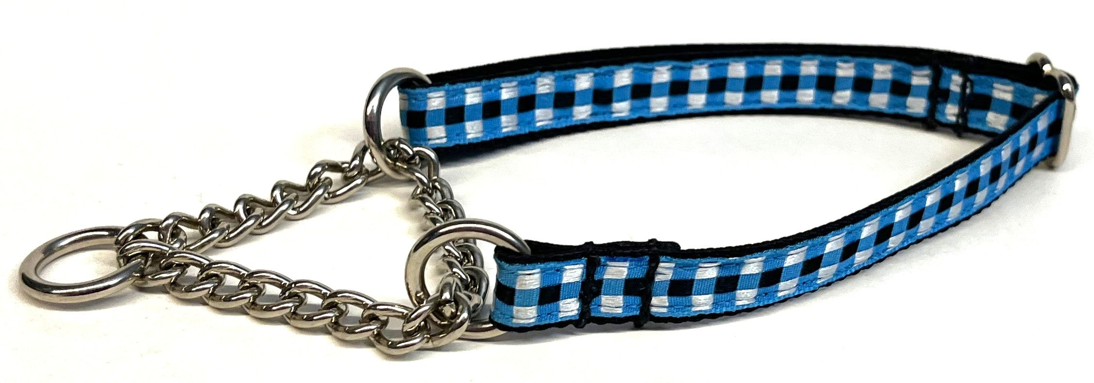 Blue, Black, and White Plaid Chain Martingale Collar 1/2