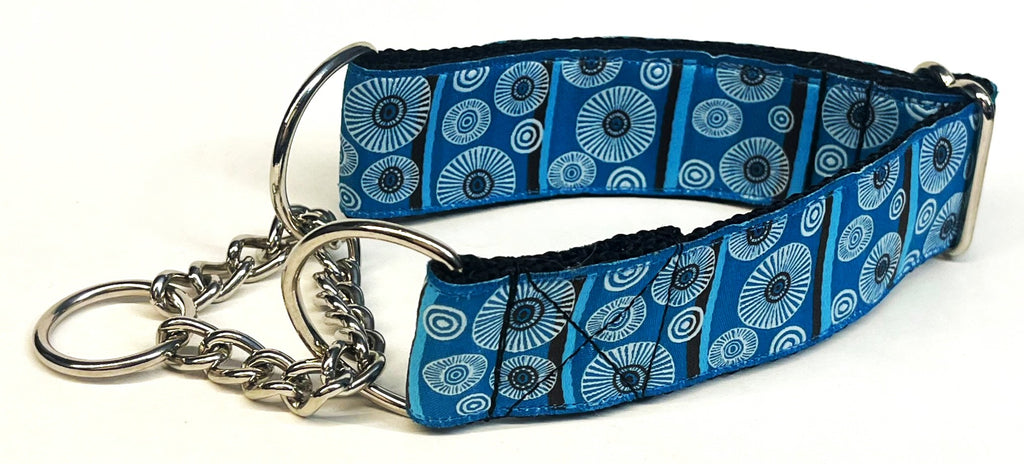 Blue, Light Blue, and Brown Stripe with White Circle Design Chain Martingale Collar 1 1/2 in