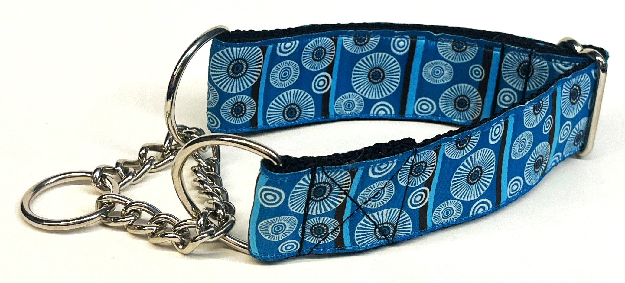 Blue, Light Blue, and Brown Stripe with White Circle Design Chain Martingale Collar 1 1/2 in