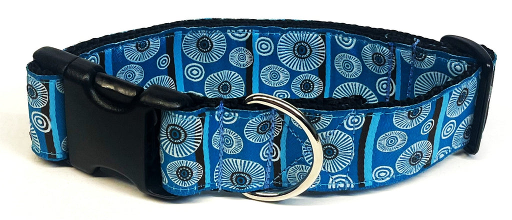 Blue, Light Blue, and Brown Stripe with White Circle Design Dog Collar 1 1/2 in