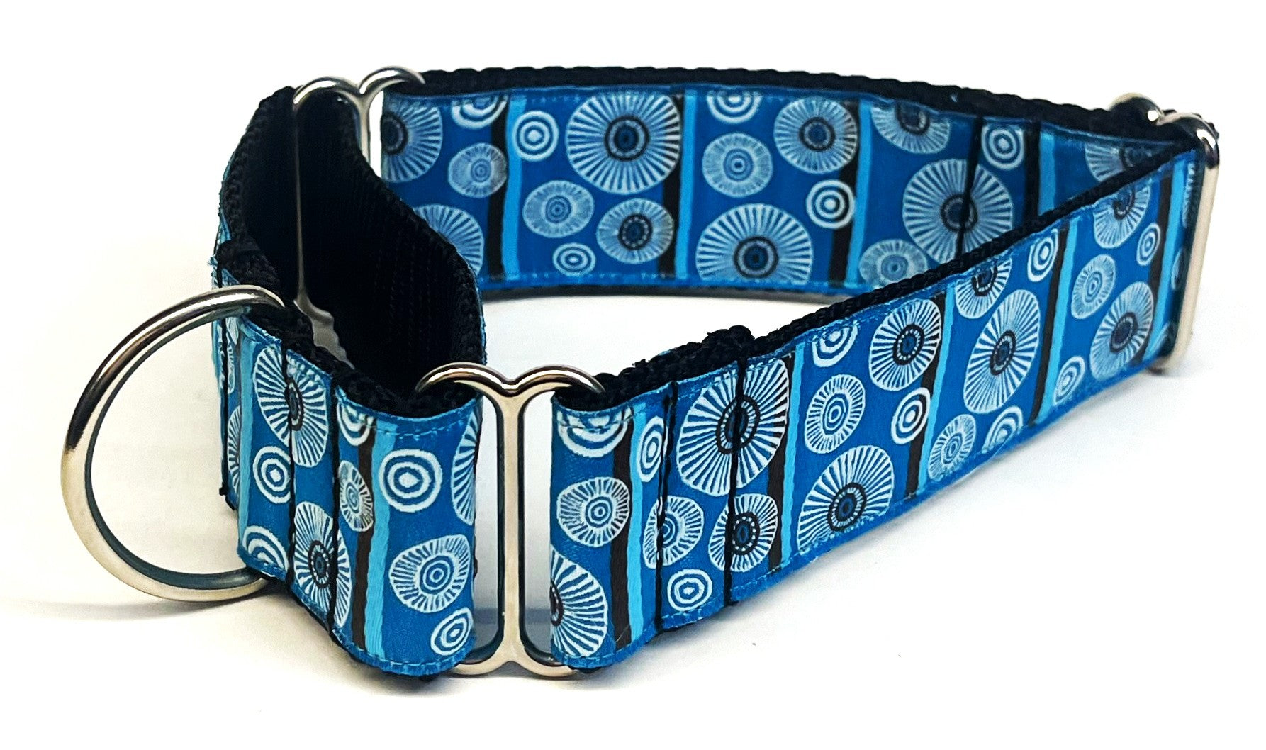 Blue, Light Blue, and Brown Stripe with White Circle Design Martingale Collar 1 1/2 in