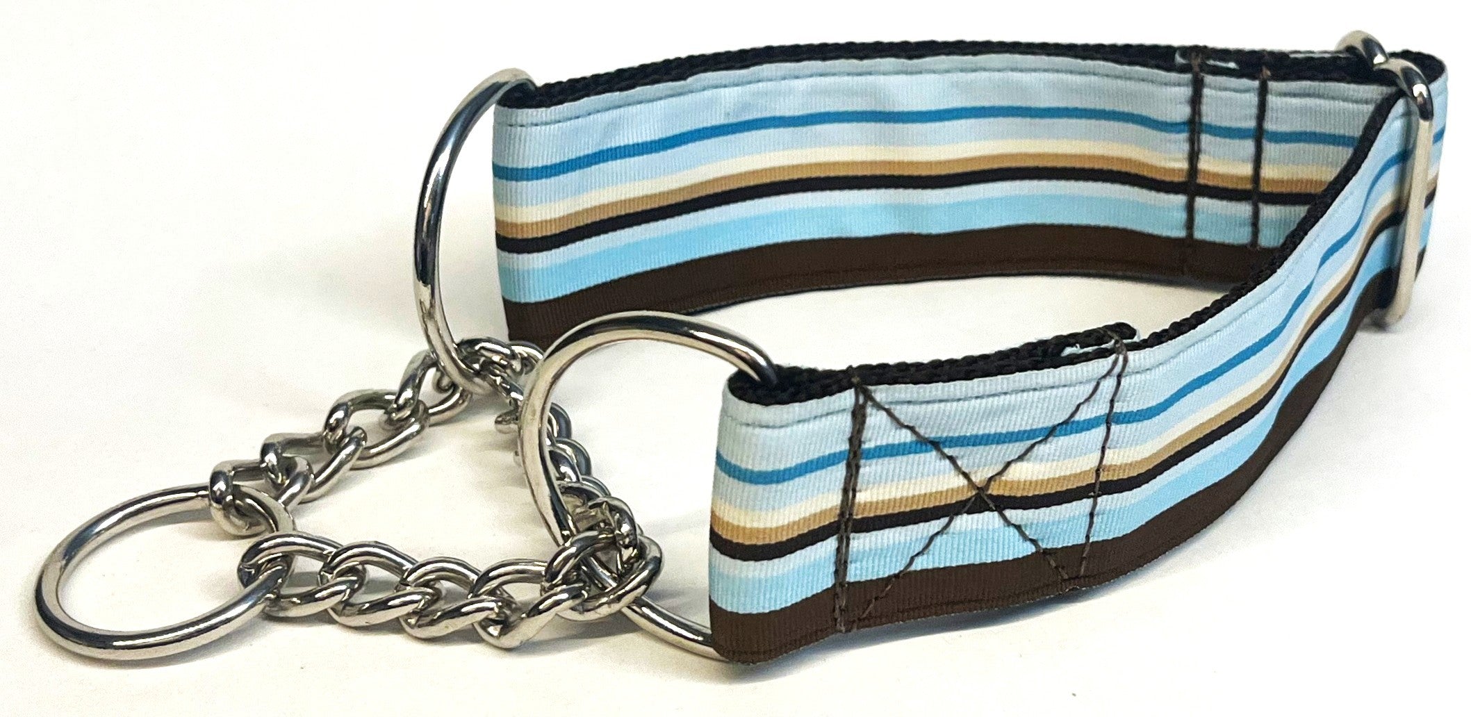 Blue, Light Blue, Brown, and White Stripe Chain Martingale Collar 1 1/2 in