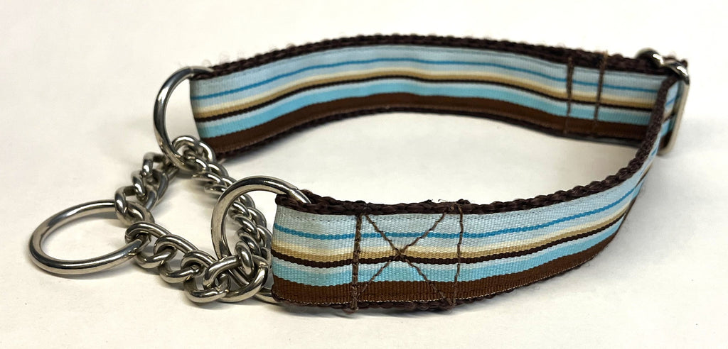 Blue, Light Blue, Brown & White Stripe Chain Martingale Collar 1in