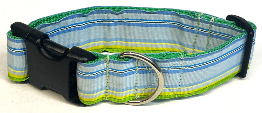 Blue, Light Blue, White, Black, and Green Stripe Dog Collar 1 1/2 in