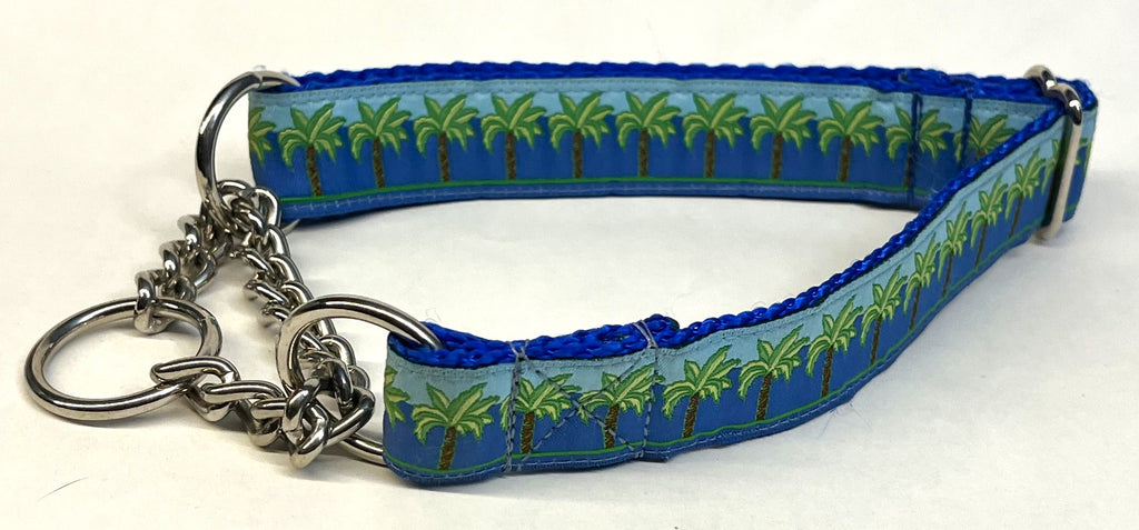 Blue with Palm Trees Chain Martingale Collar 1in