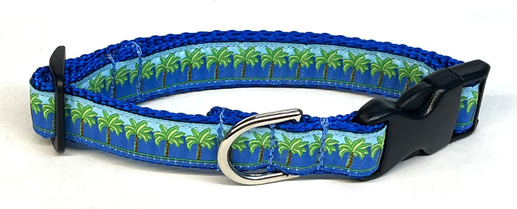 Blue & Light Blue with Palm Trees Dog Collar 3/4