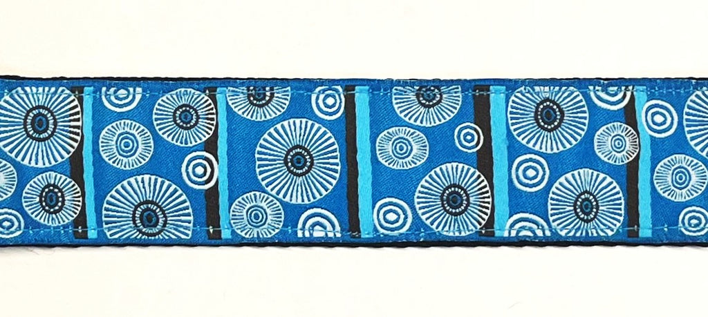 Blue with light blue stripe and white circle design dog collar 1 1/2 in