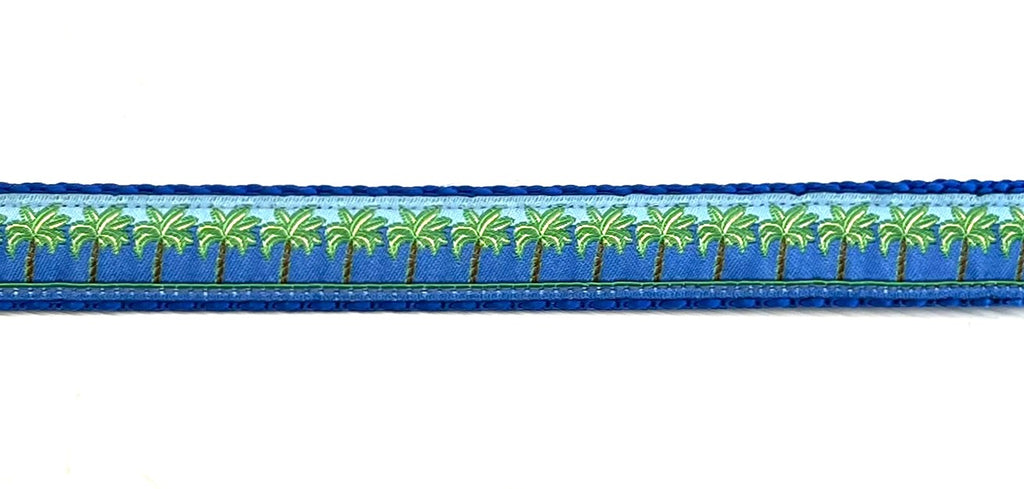 Blue and Light Blue with Palm Trees Dog Collar 3/4 inch on blue webbing