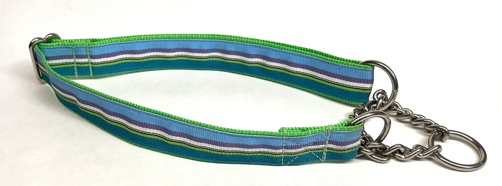 Blue, Purple, White, Black, Green, Teal Stripe Chain Martingale Collar 1in