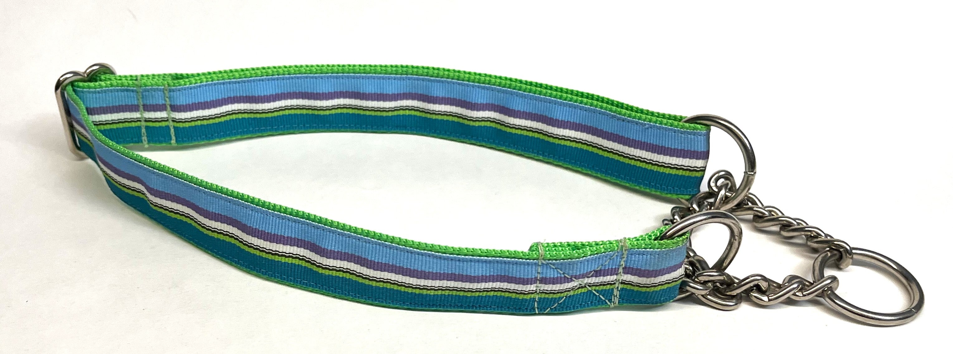 Blue, Purple, White, Black, Green, Teal Stripe Chain Martingale Collar 1in