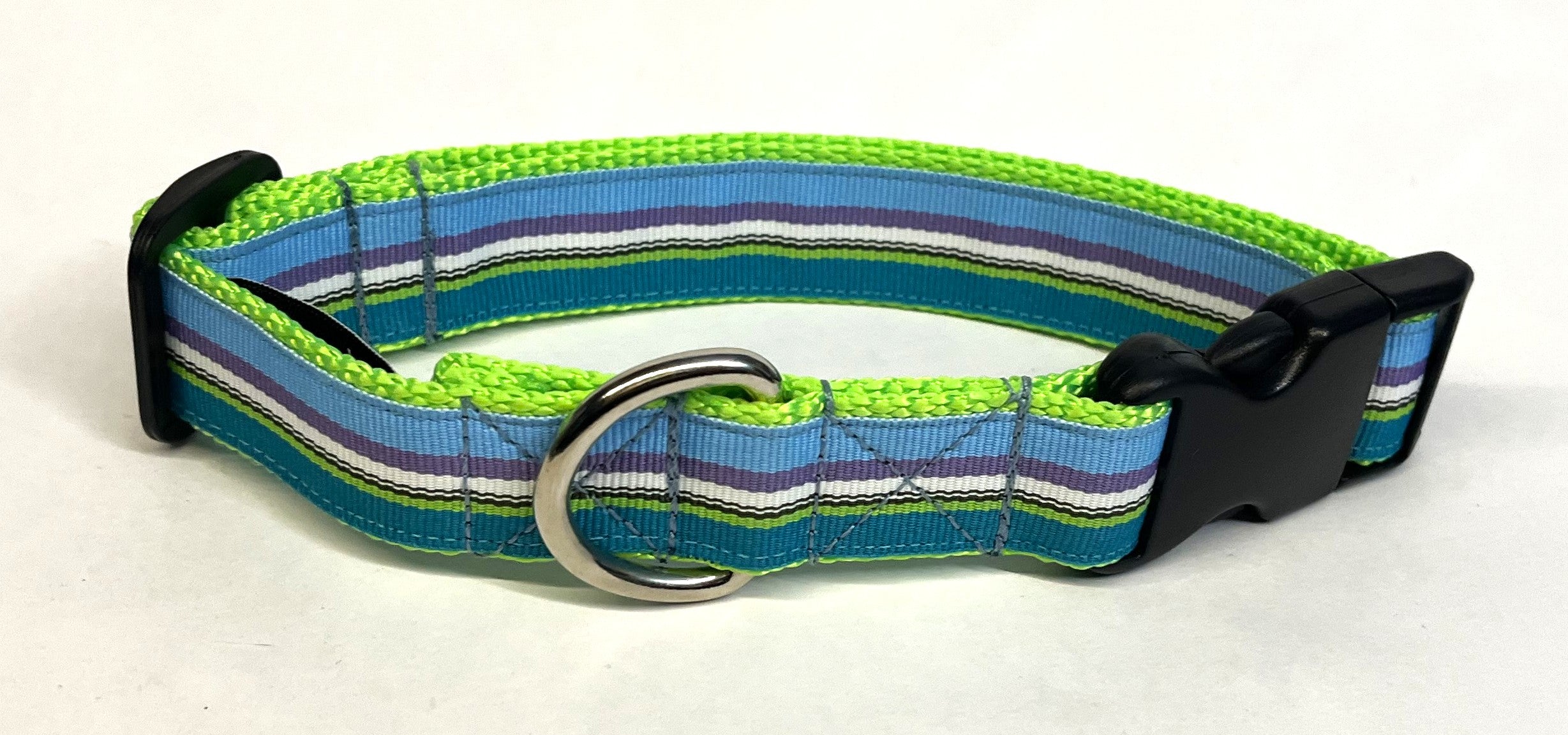 Blue, Purple, White, Black, Green, Teal Stripe Dog Collar 1in