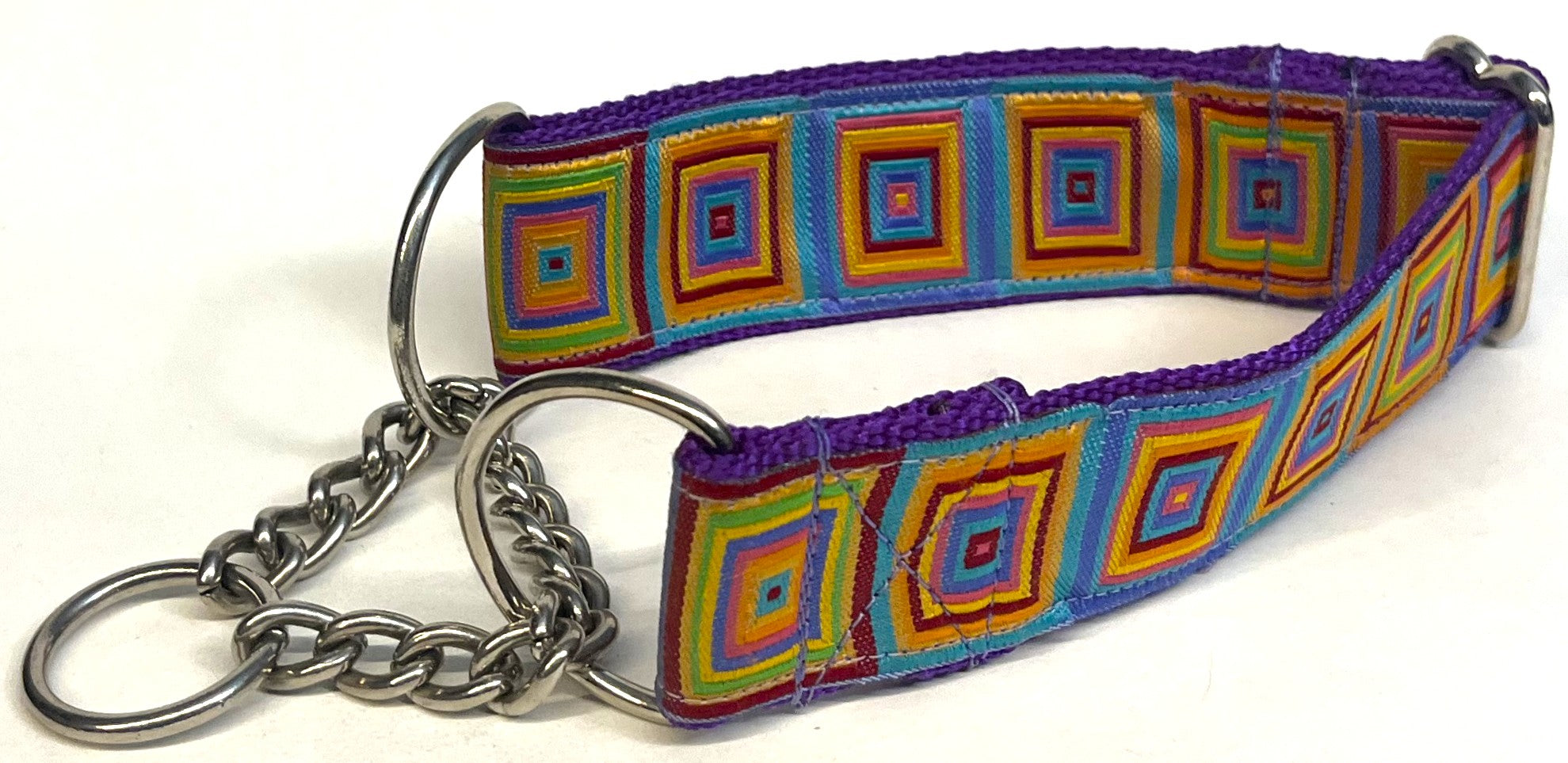 Pink, Turquoise, Purple, Orange, Yellow, and Green Squares Chain Martingale Collar 1 1/2 in