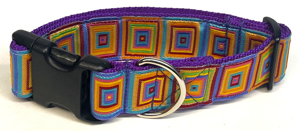 Pink, Turquoise, Purple, Orange, Yellow, and Green Squares Dog Collar 1 1/2 in