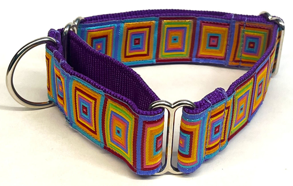 Pink, Turquoise, Purple, Orange, Yellow, and Green Squares Martingale Collar 1 1/2 in