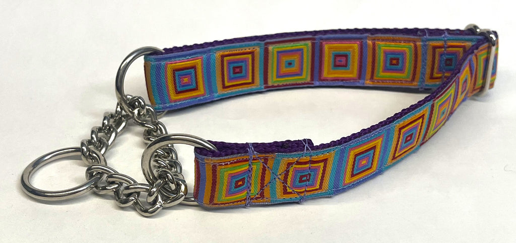 Blue, Turquoise, Purple, Orange, Yellow, & Green Squares Chain Martingale Collar 1in