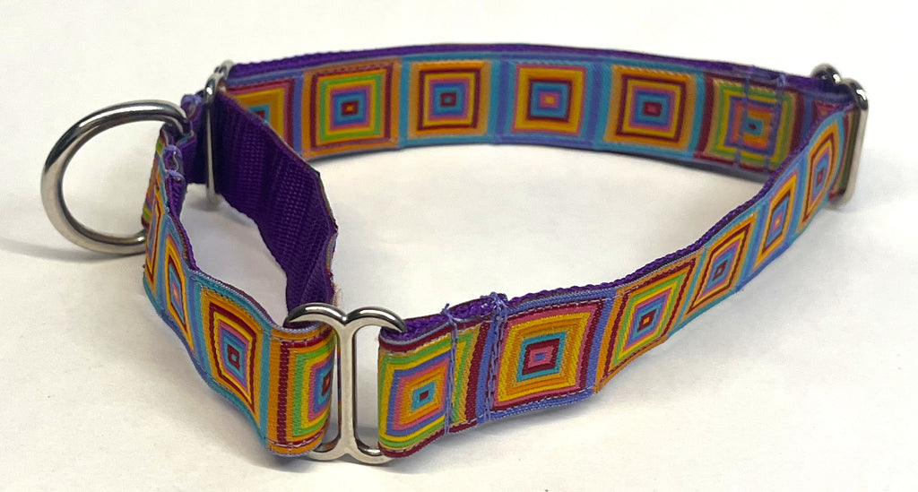 Blue, Turquoise, Purple, Orange, Yellow, & Green Squares Martingale Collar 1in