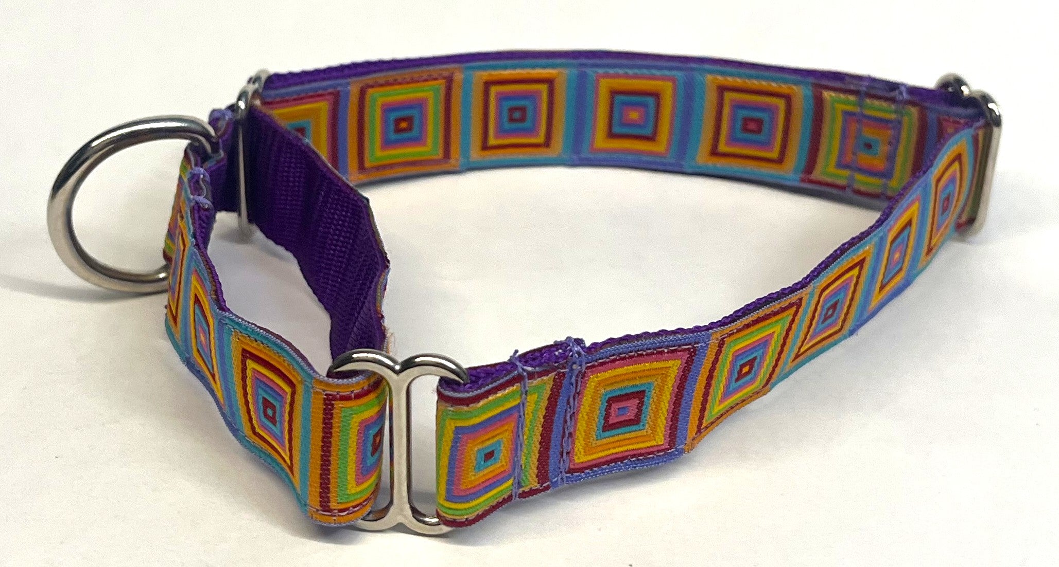 Blue, Turquoise, Purple, Orange, Yellow, & Green Squares Martingale Collar 1in