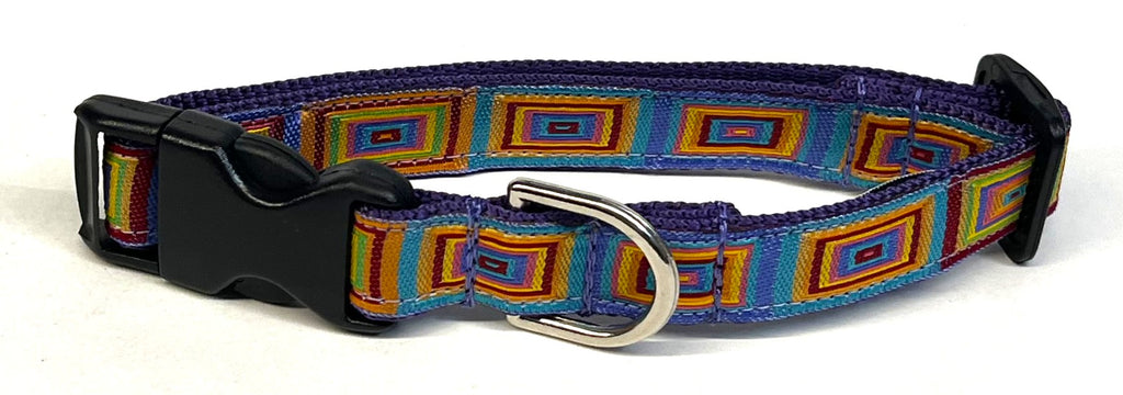 Blue, Turquoise, Purple, Orange, Yellow, Green Squares Dog Collar 3/4