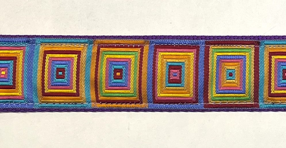 Blue, Turquoise, Purple, Orange, Yellow, and Green Squares Dog Collar 1 1/2 in