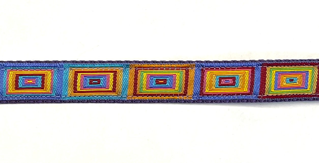 Geometric squares dog leash in rainbow colors on purple webbing