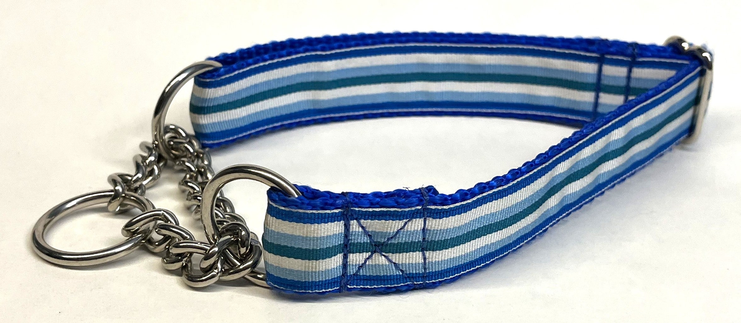 Blue, White, Light Blue, and Teal Stripe Chain Martingale Collar 1in