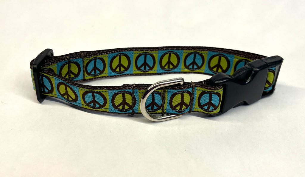 Blue and Green with Brown Peace Sign Dog Collar 3/4
