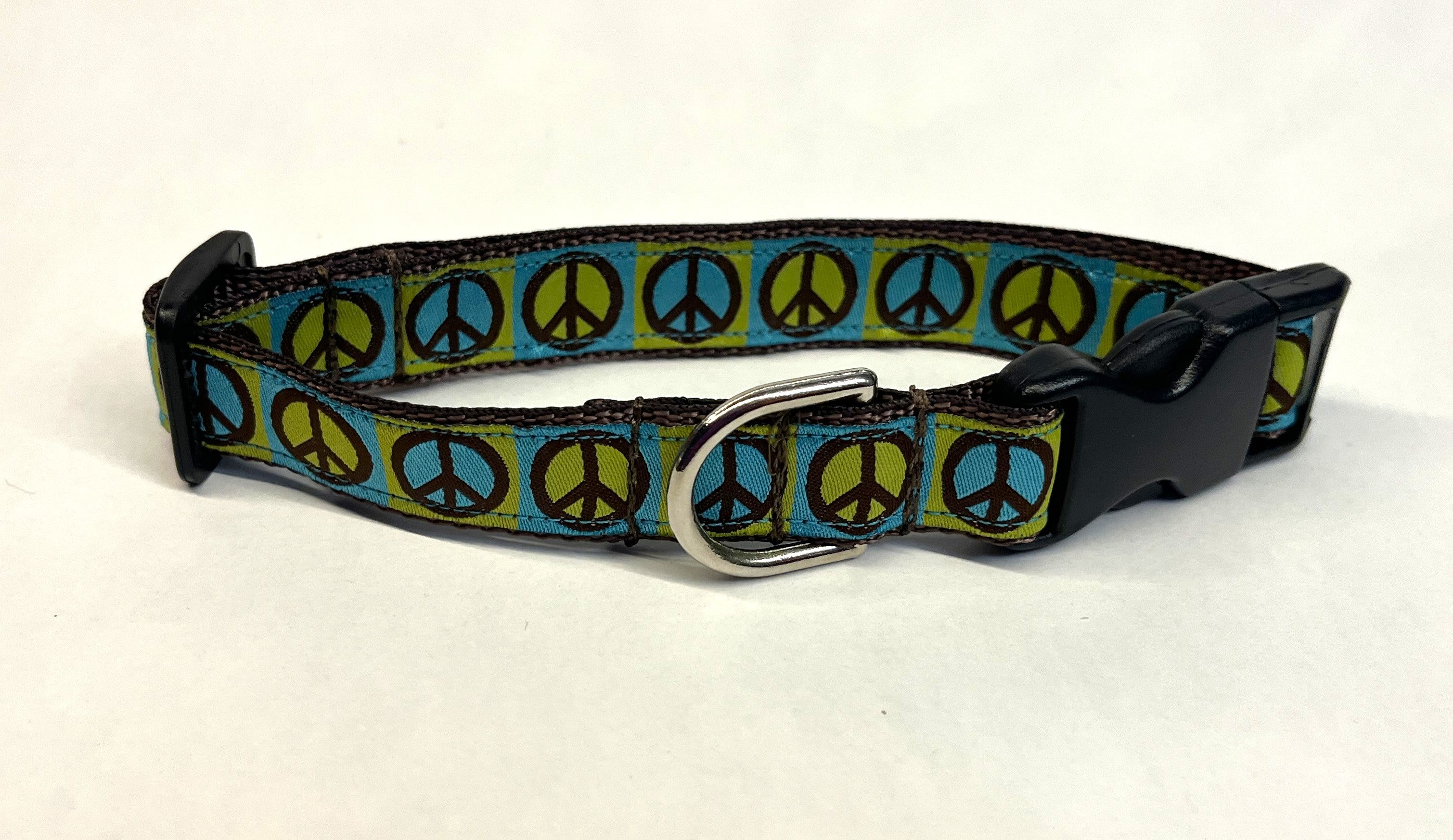 Blue and Green with Brown Peace Sign Dog Collar 3/4