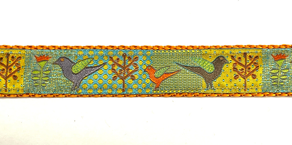Blue and Yellow Patterns with Birds and Branches Dog Collar 1in