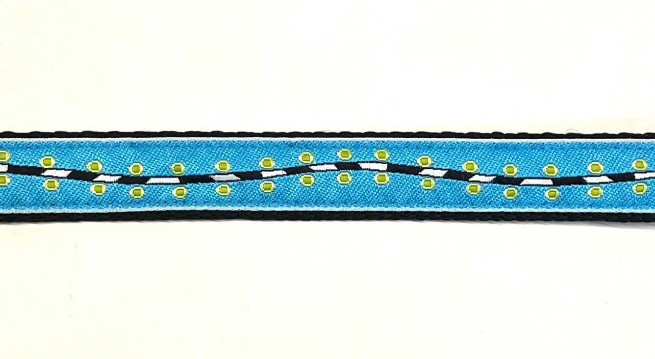 Turquoise with green dots and black white wavy stripe dog collar 3/4 inch on black webbing