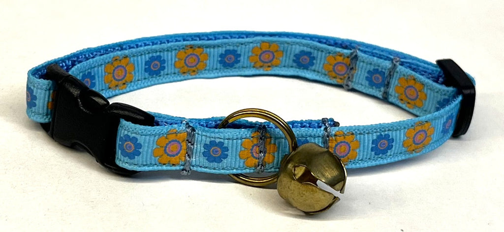 Blue with Blue and Orange Flowers Cat Collar