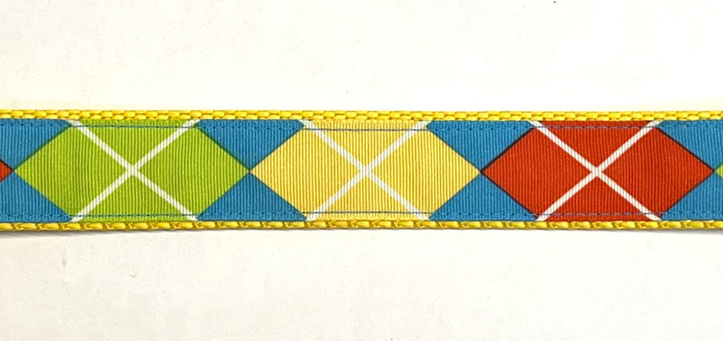 Blue with Green, Yellow, Red Argyle Design Dog Collar 1in