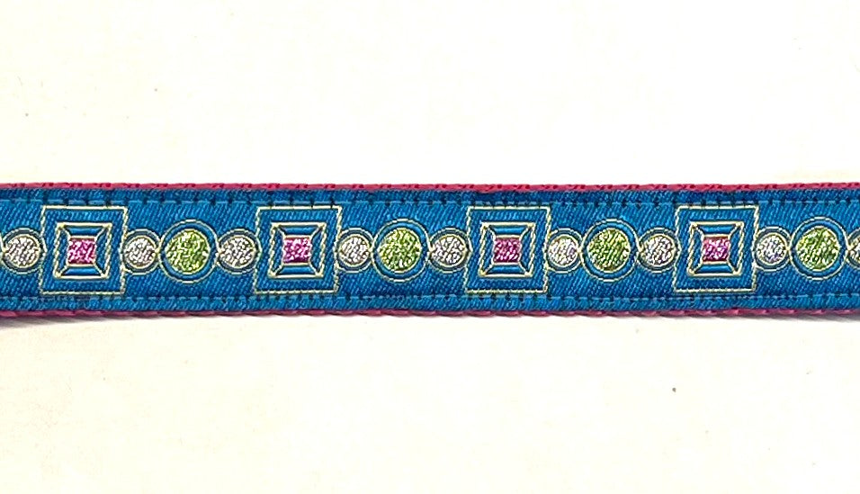 Blue with sparkly jewel design dog collar on pink webbing