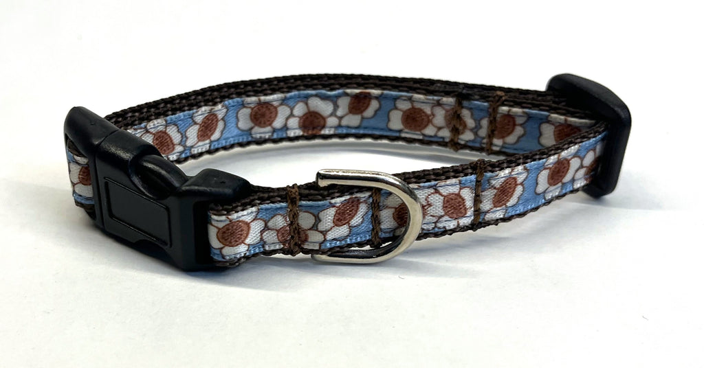 Blue with White and Brown Flowers Dog Collar 1/2
