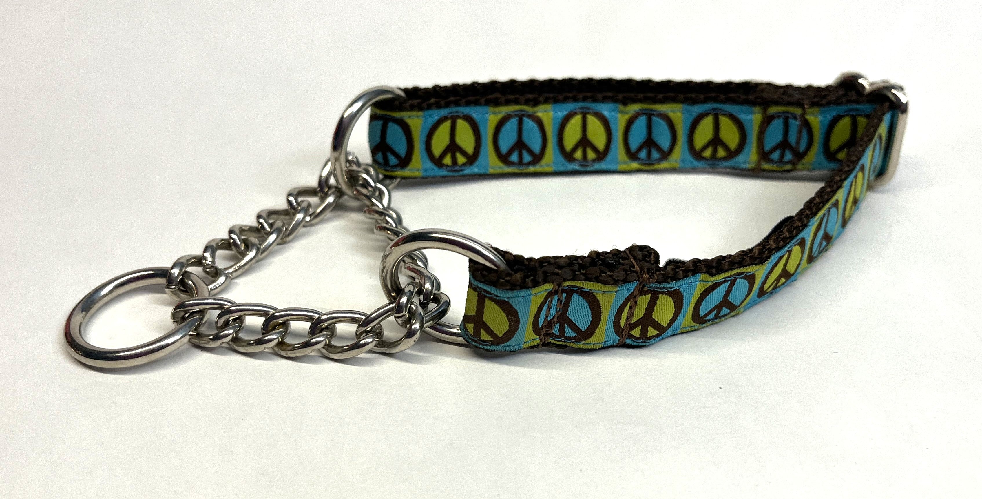 Blue and Green with Brown Peace Sign Chain Martingale Collar 3/4
