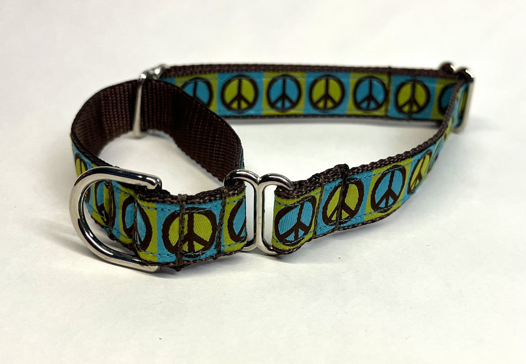 Blue and Green with Brown Peace Sign Martingale Collar 3/4