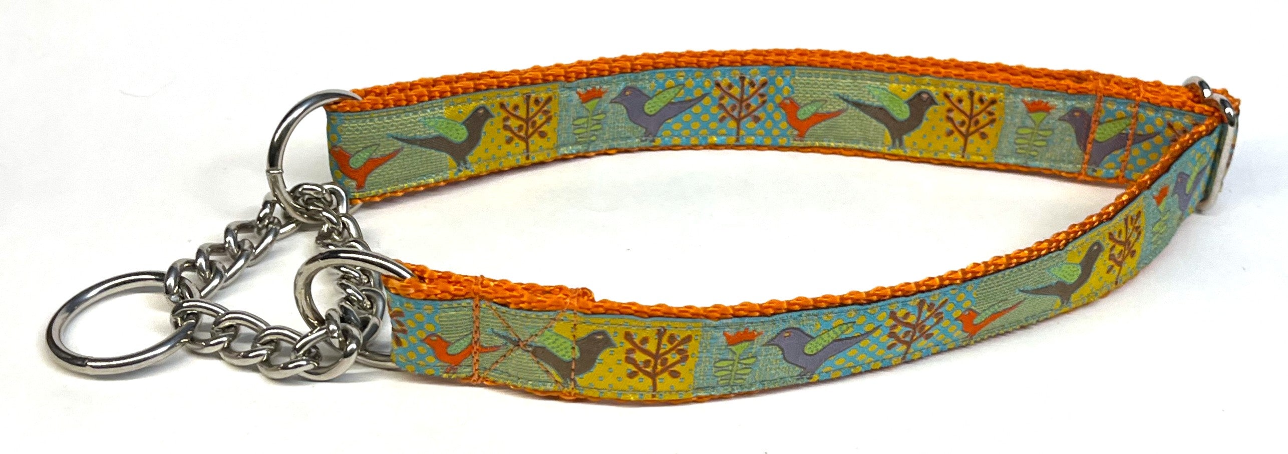 Blue and Yellow Patterns with Birds and Branches Chain Martingale Collar 1in