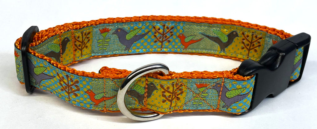 Blue and Yellow Patterns with Birds and Branches Dog Collar 1in